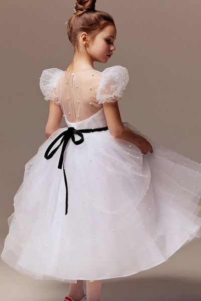 Custom Beaded Tulle Satin Special Occasion Flower Girl Party Knee High Dress