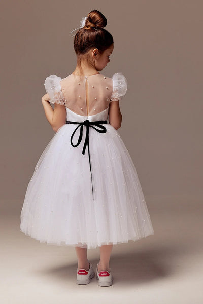 Custom Beaded Tulle Satin Special Occasion Flower Girl Party Knee High Dress