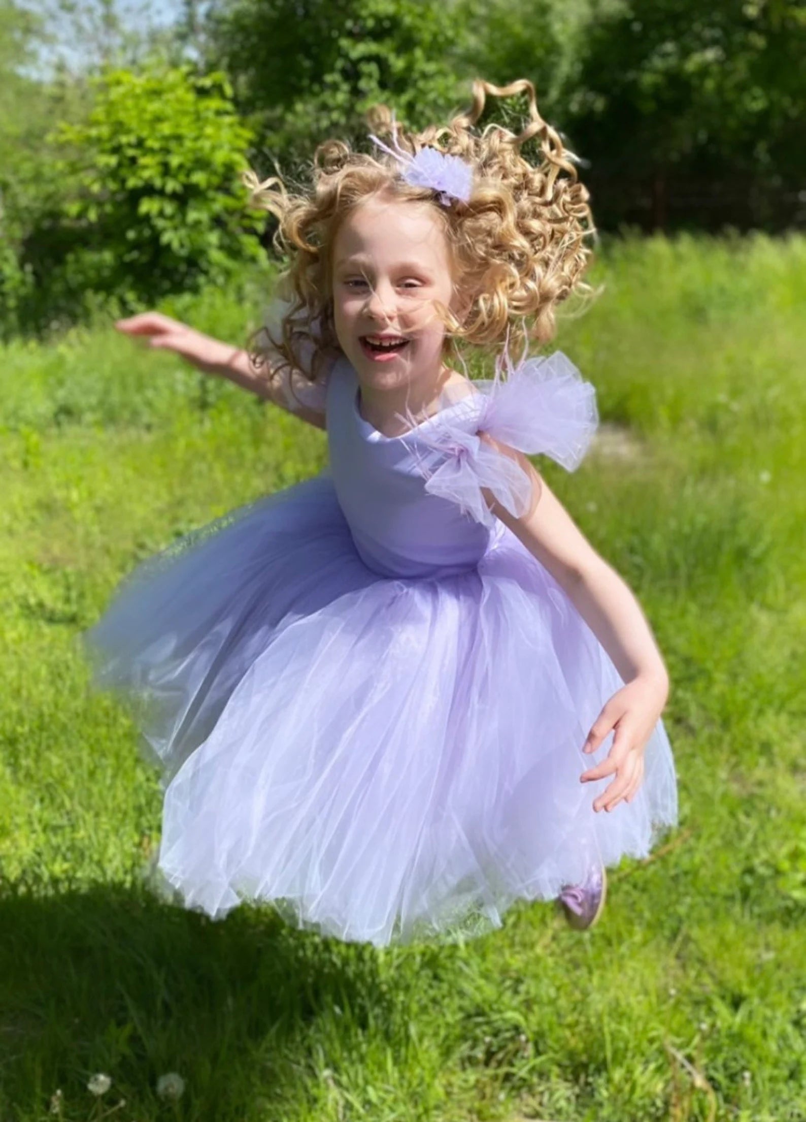 Girls Knee Length Flower Girl Satin Tulle Dress With Ostrich Feather