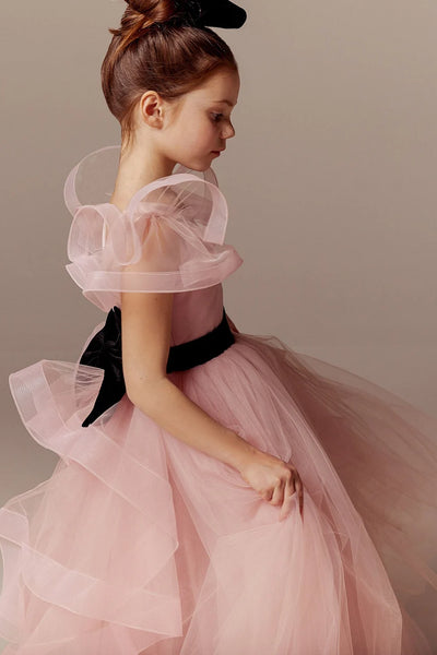 Custom Couture Tulle Satin Velvet Wedding Party Flower Girl Floor Length Dress