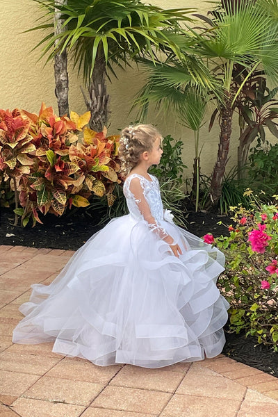Couture 3D Lace Satin Tulle Flower Girl Pageant Gown Toddler Party Dress