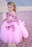 Stunning Couture Girls 3D Flower Tulle Satin Wedding Flower Girl Dress With Train