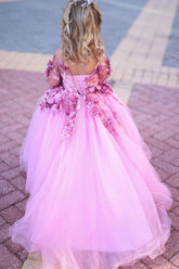 Stunning Couture Girls 3D Flower Tulle Satin Wedding Flower Girl Dress With Train