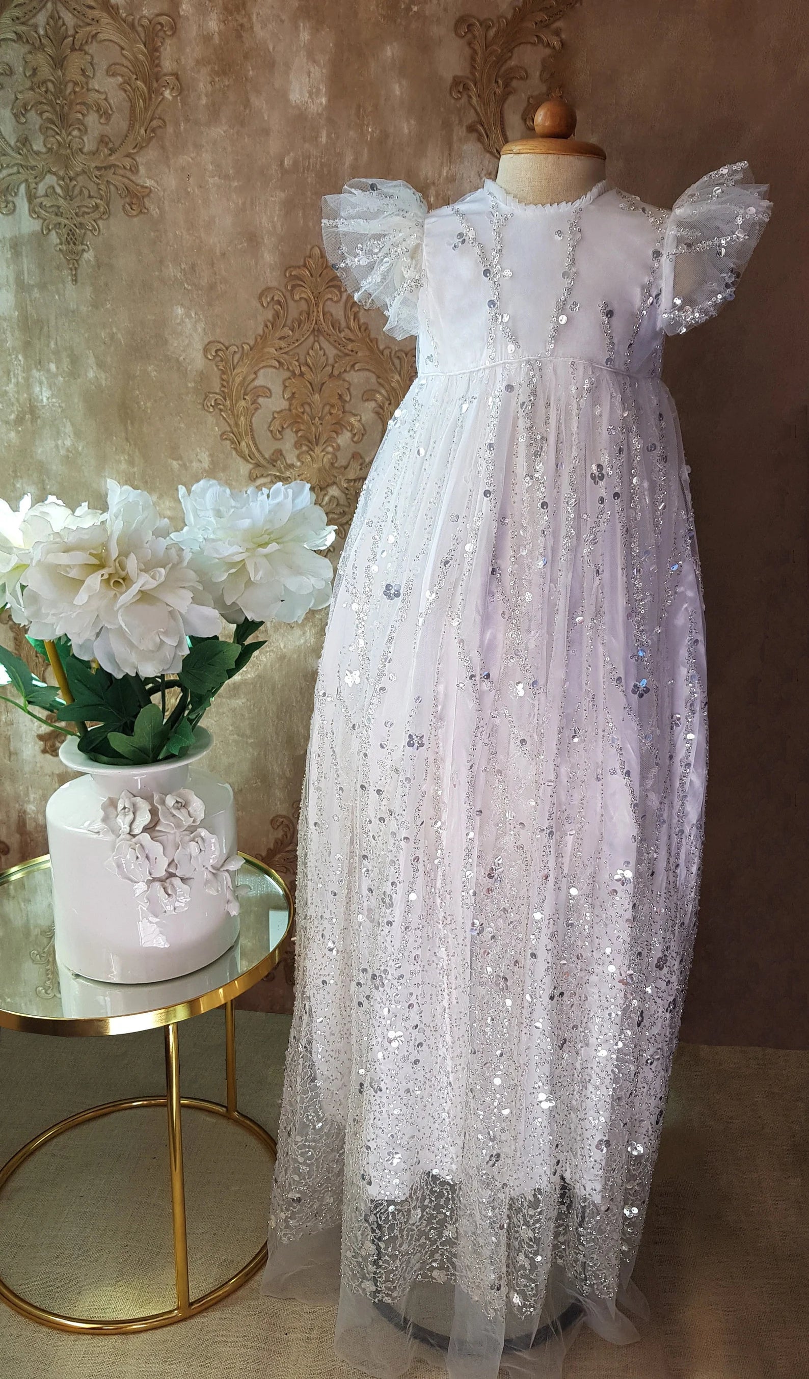 Couture Handmade Sequined Lace Tulle Christening Baptism Gown