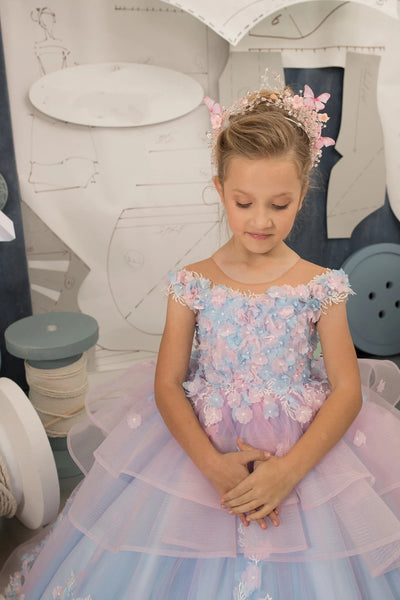 Girls Custom Couture Wedding Flower Girl Party 3D Floral Gown With Train