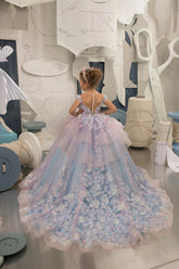 Girls Custom Couture Wedding Flower Girl Party 3D Floral Gown With Train