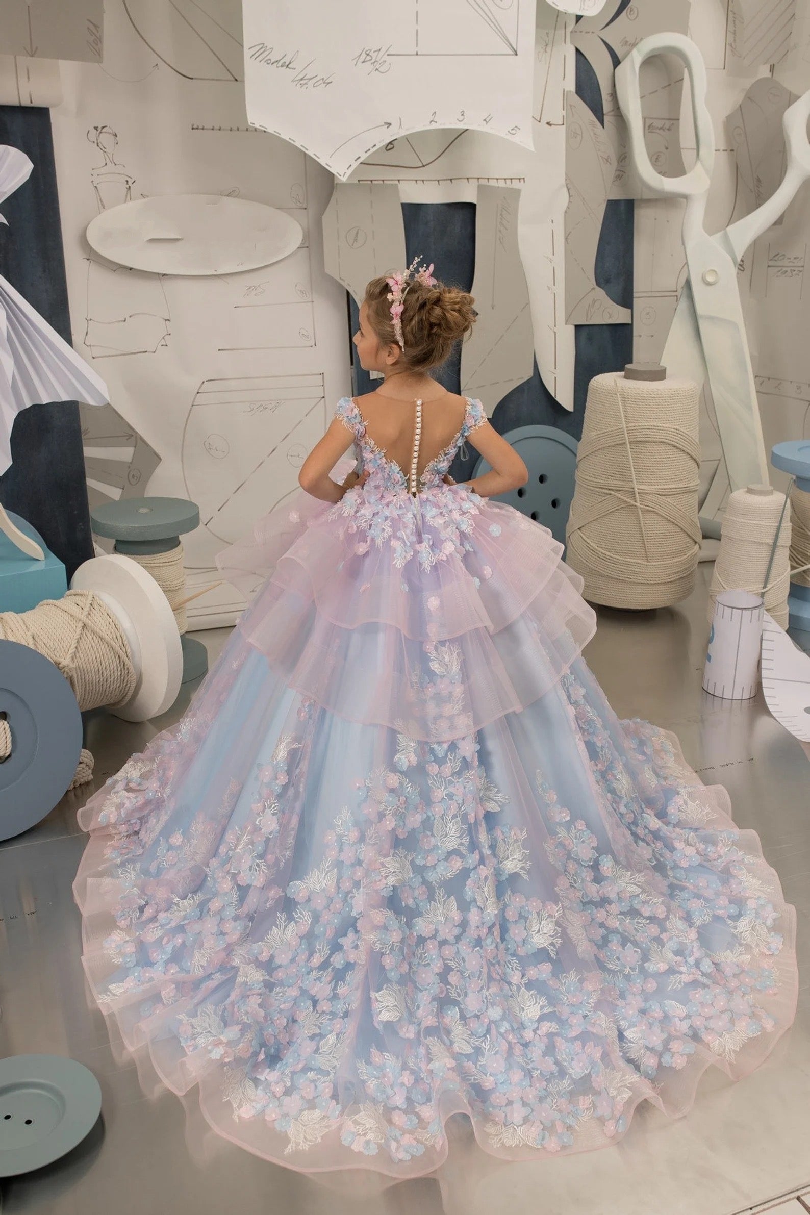 Girls Custom Couture Wedding Flower Girl Party 3D Floral Gown With Train