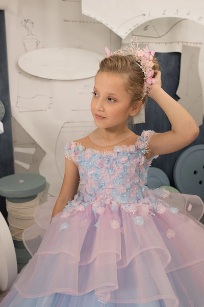 Girls Custom Couture Wedding Flower Girl Party 3D Floral Gown With Train