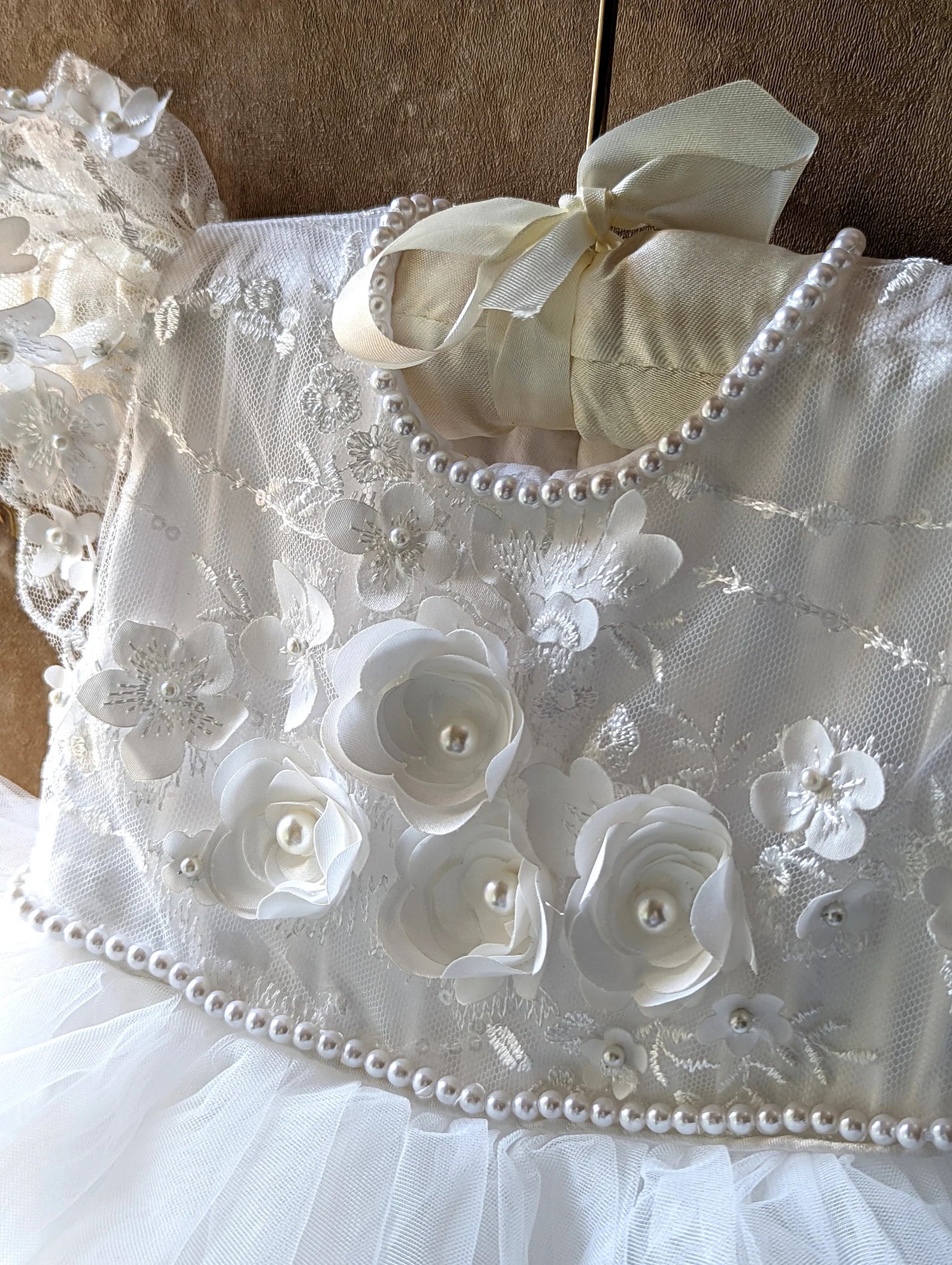Exquisite Couture White Silk Tulle Christening Baptism Baby Gown