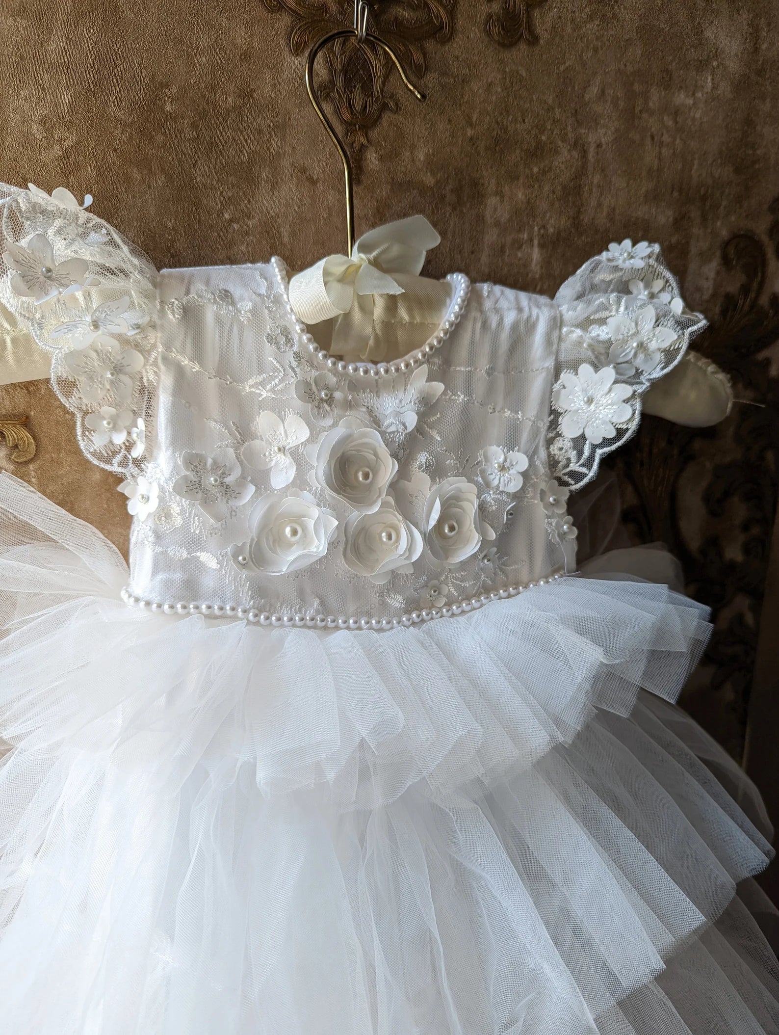 Exquisite Couture White Silk Tulle Christening Baptism Baby Gown