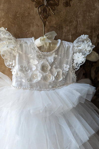 Exquisite Couture White Silk Tulle Christening Baptism Baby Gown