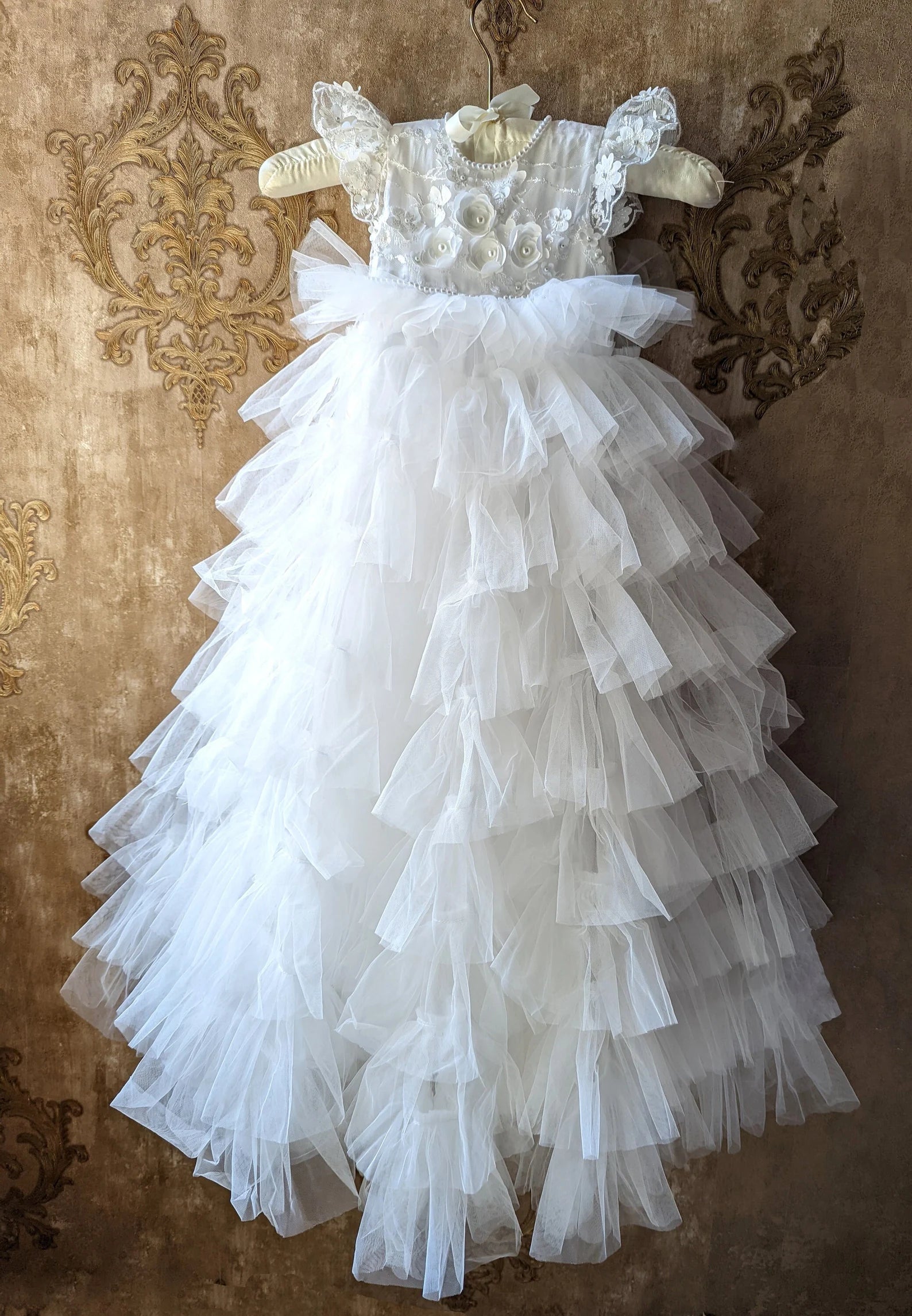 Exquisite Couture White Silk Tulle Christening Baptism Baby Gown