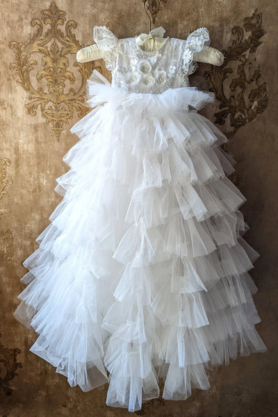Exquisite Couture White Silk Tulle Christening Baptism Baby Gown
