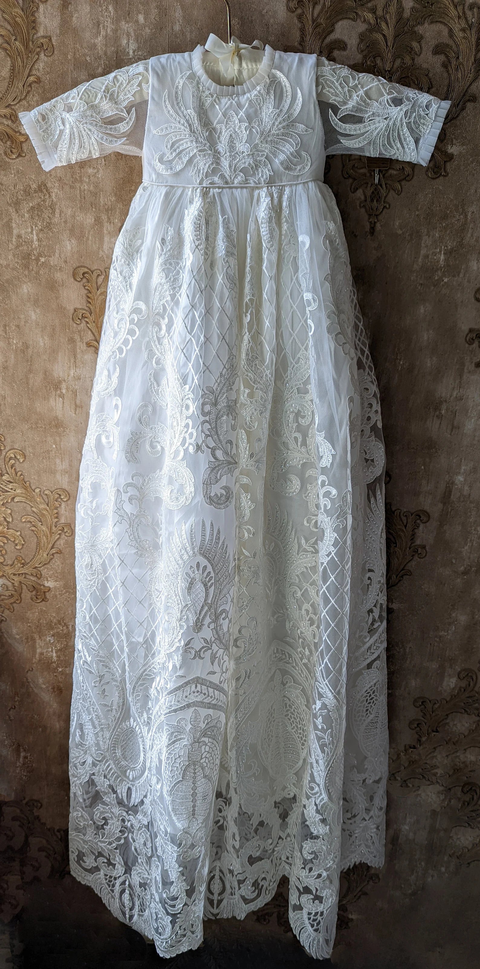 Luxury Couture Baby Baptism  Heirloom Christening Embroidered Sequin Gown