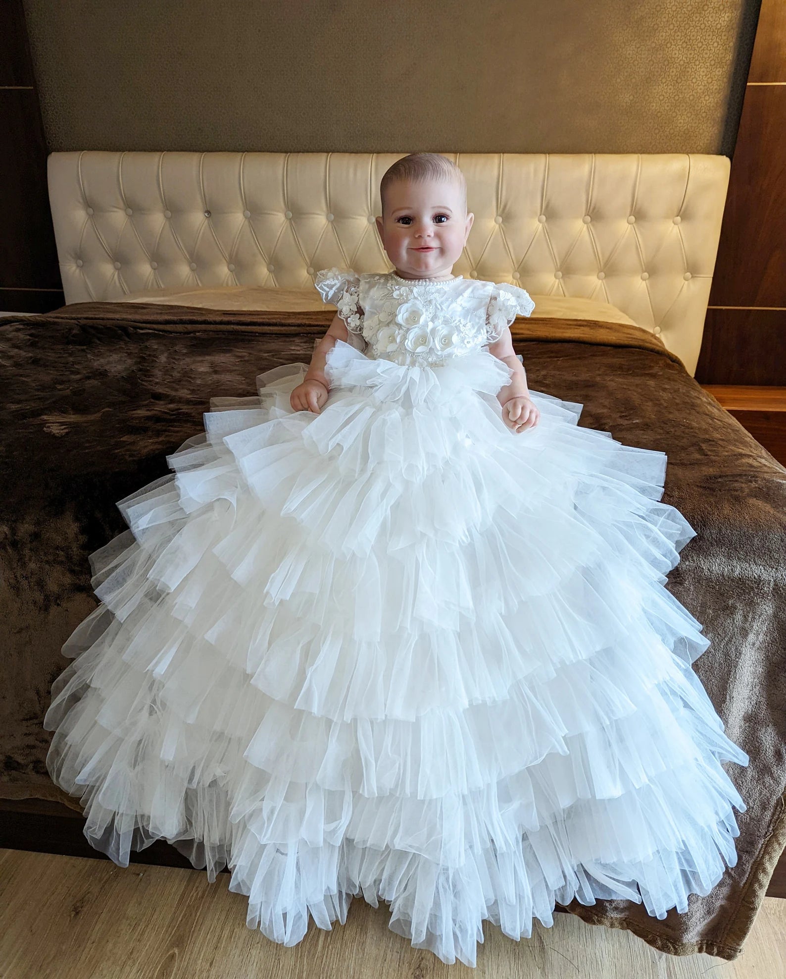 Exquisite Couture White Silk Tulle Christening Baptism Baby Gown