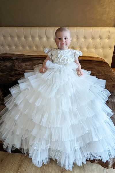Exquisite Couture White Silk Tulle Christening Baptism Baby Gown