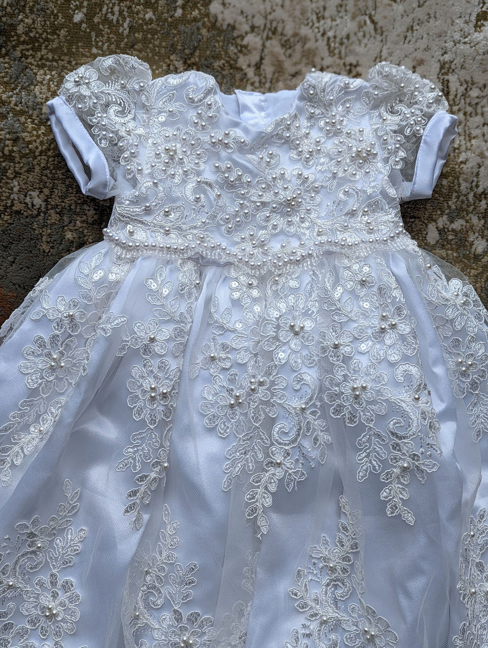 Couture Heirloom Silk Embroidered Pearl Beaded Christening Baptism Gown
