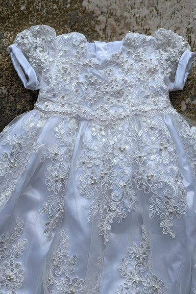 Couture Heirloom Silk Embroidered Pearl Beaded Christening Baptism Gown