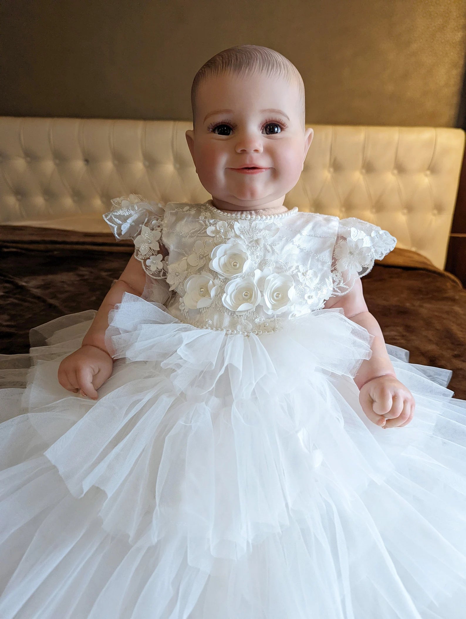 Exquisite Couture White Silk Tulle Christening Baptism Baby Gown