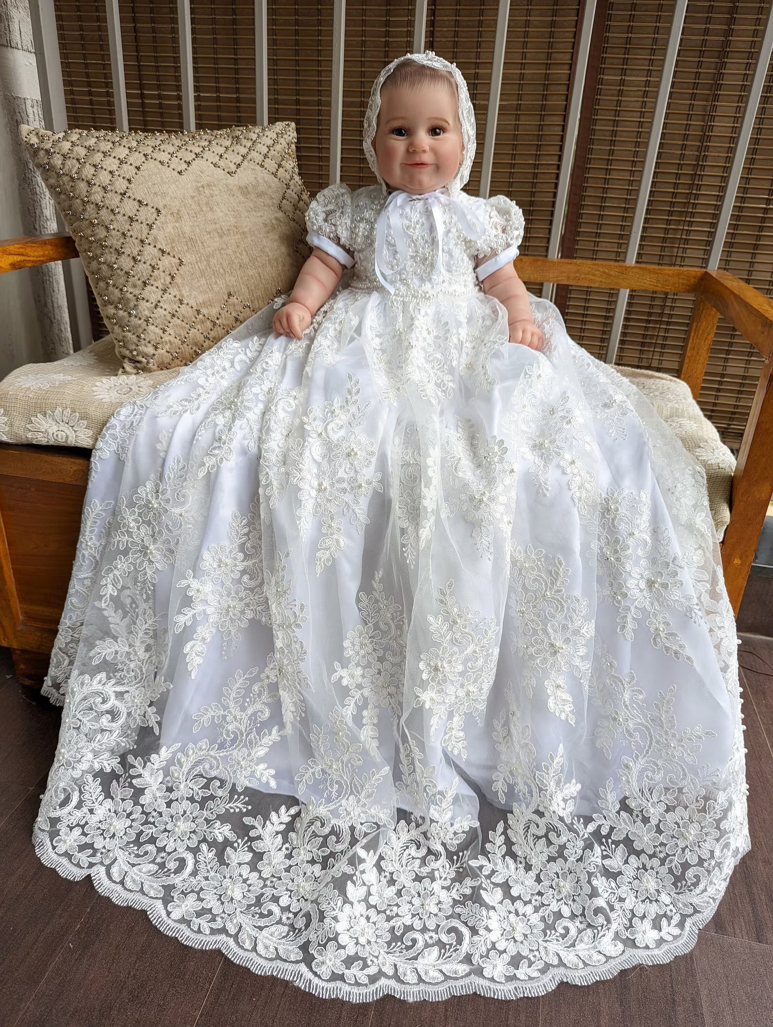 Couture Heirloom Silk Embroidered Pearl Beaded Christening Baptism Gown