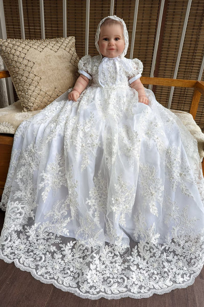 Couture Heirloom Silk Embroidered Pearl Beaded Christening Baptism Gown