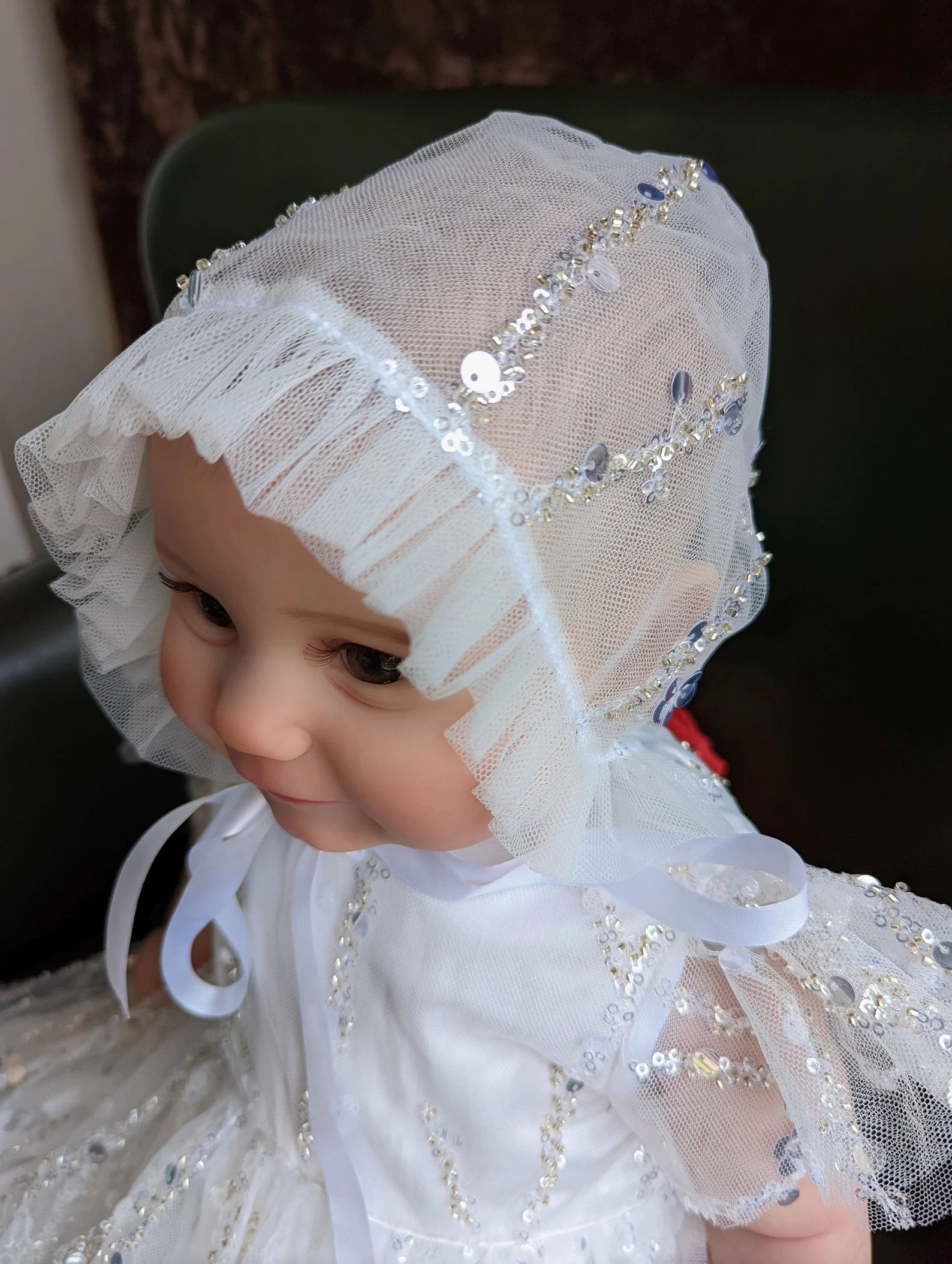 Couture Handmade Sequined Lace Tulle Christening Baptism Gown
