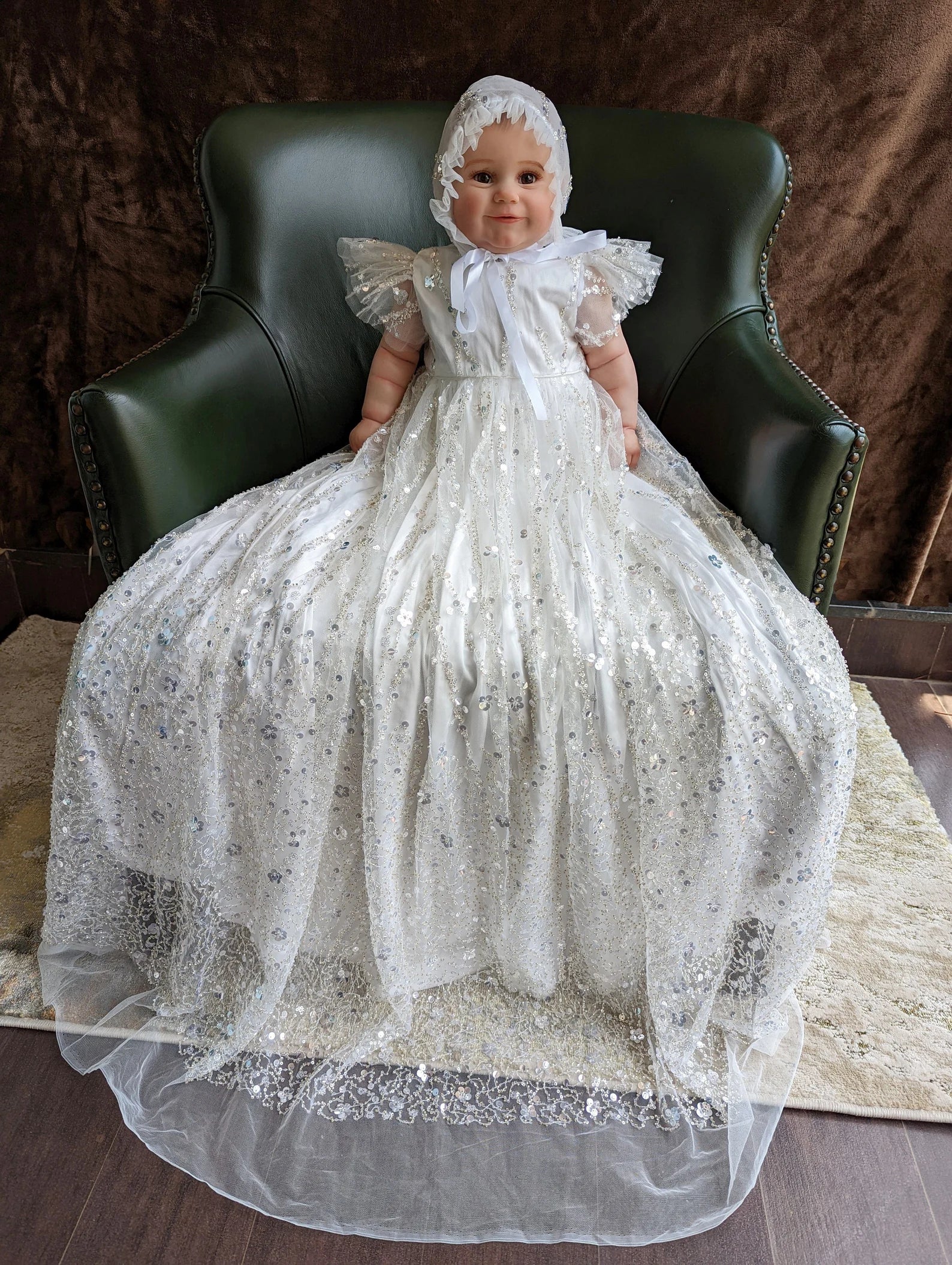 Couture Handmade Sequined Lace Tulle Christening Baptism Gown