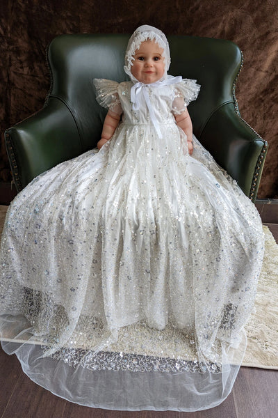 Couture Handmade Sequined Lace Tulle Christening Baptism Gown