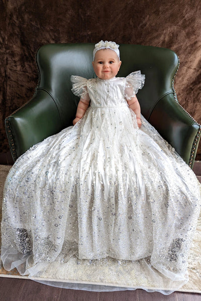 Couture Handmade Sequined Lace Tulle Christening Baptism Gown