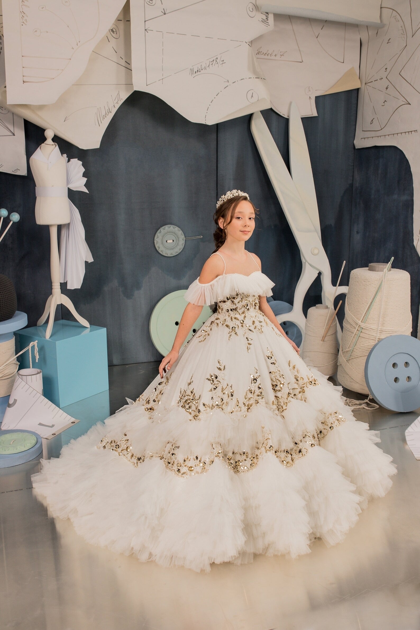 Girls Handmade Custom Couture Off The Shoulder Tulle taffeta Lace Gown