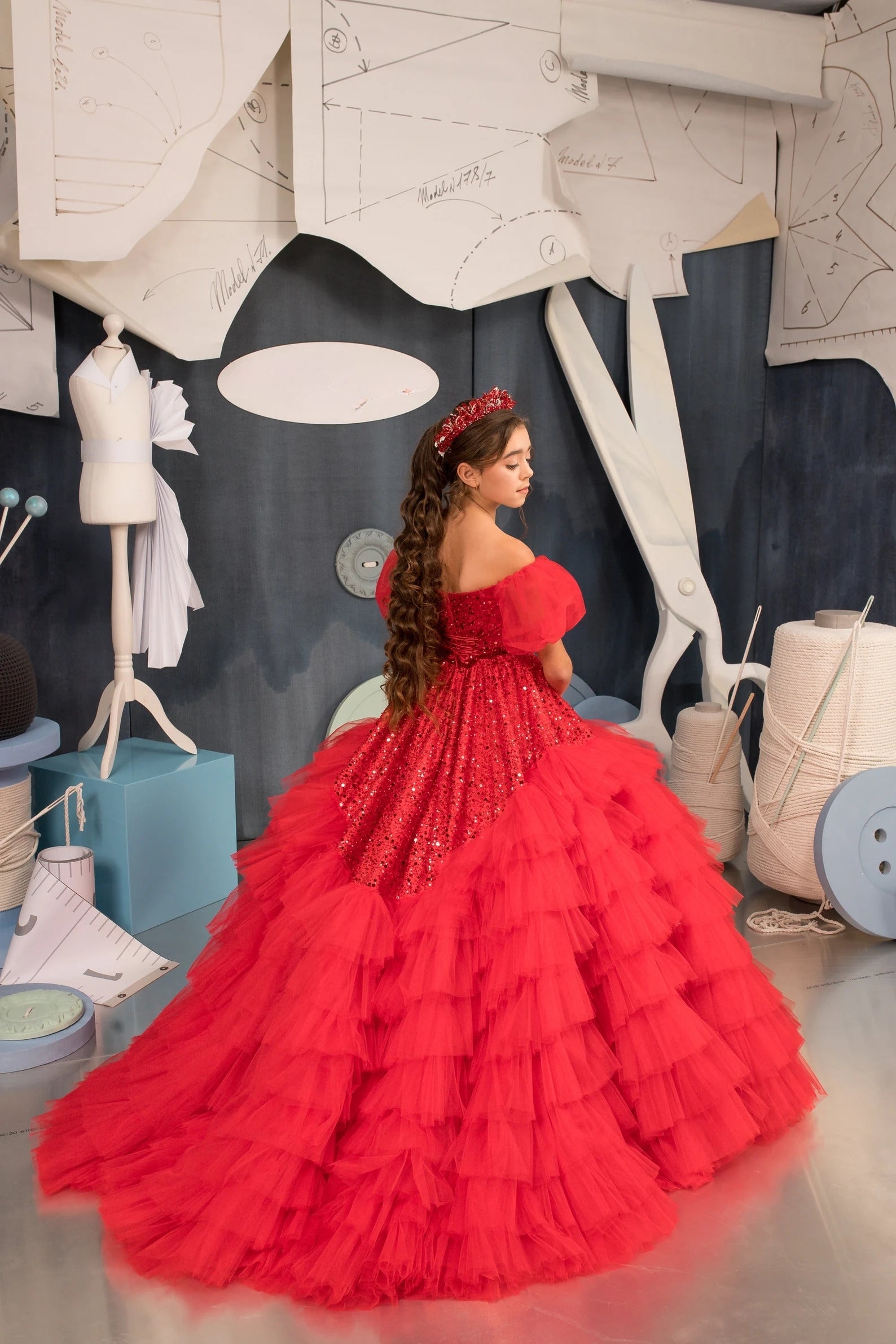 Couture Girls Red Glitter Tulle Satin Taffeta Pageant Special Occasion Ball Gown