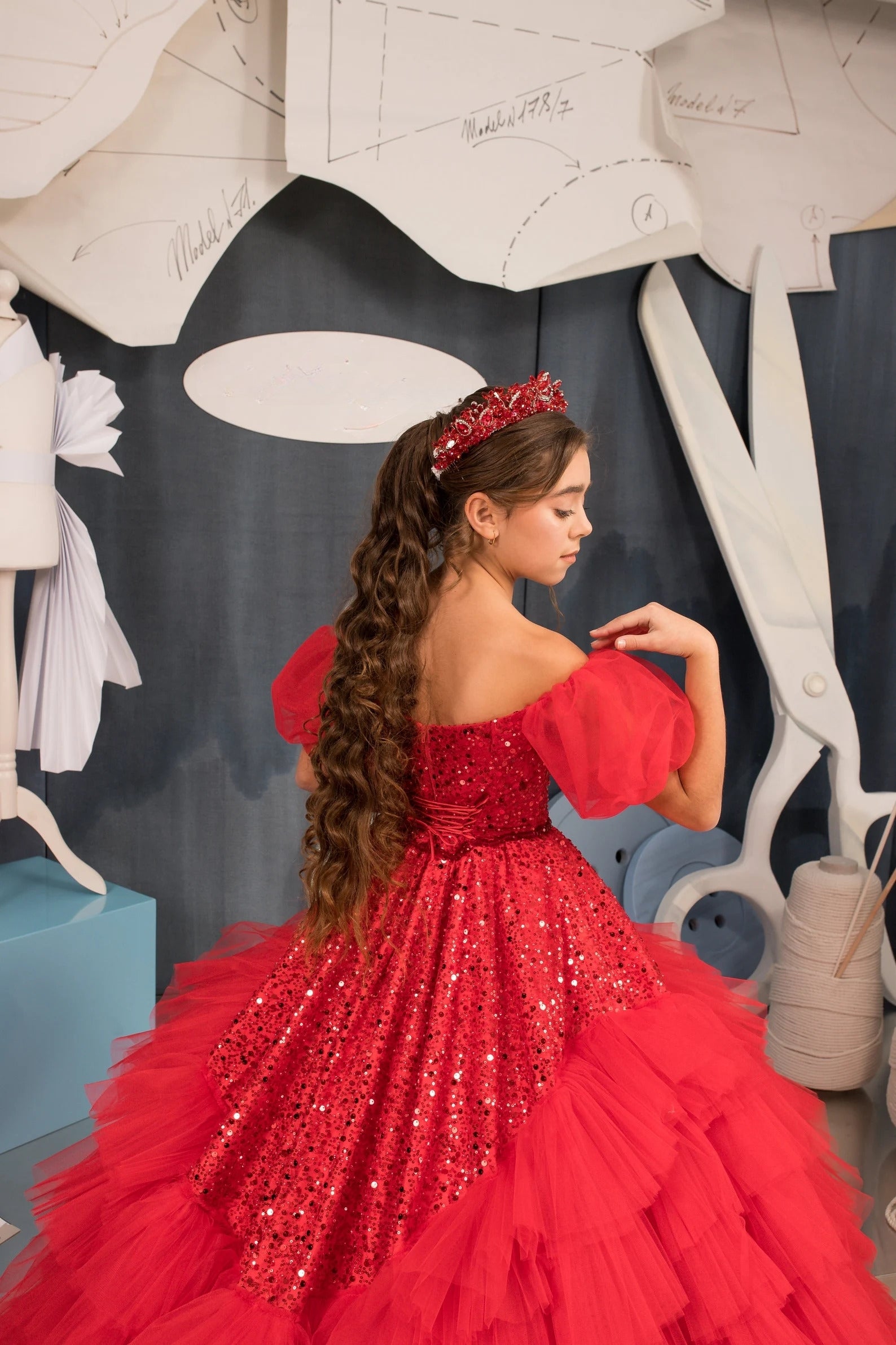 Couture Girls Red Glitter Tulle Satin Taffeta Pageant Special Occasion Ball Gown