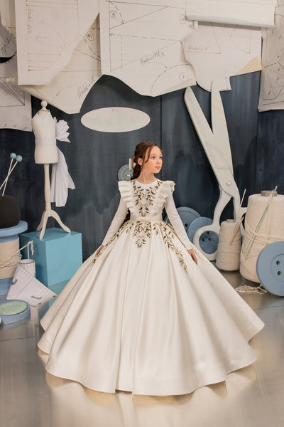 Custom Couture Satin Taffeta Embroidered Flower Girl Special Occasion Gown