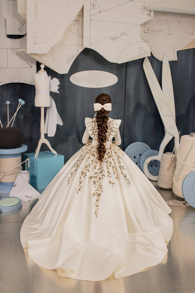 Custom Couture Satin Taffeta Embroidered Flower Girl Special Occasion Gown