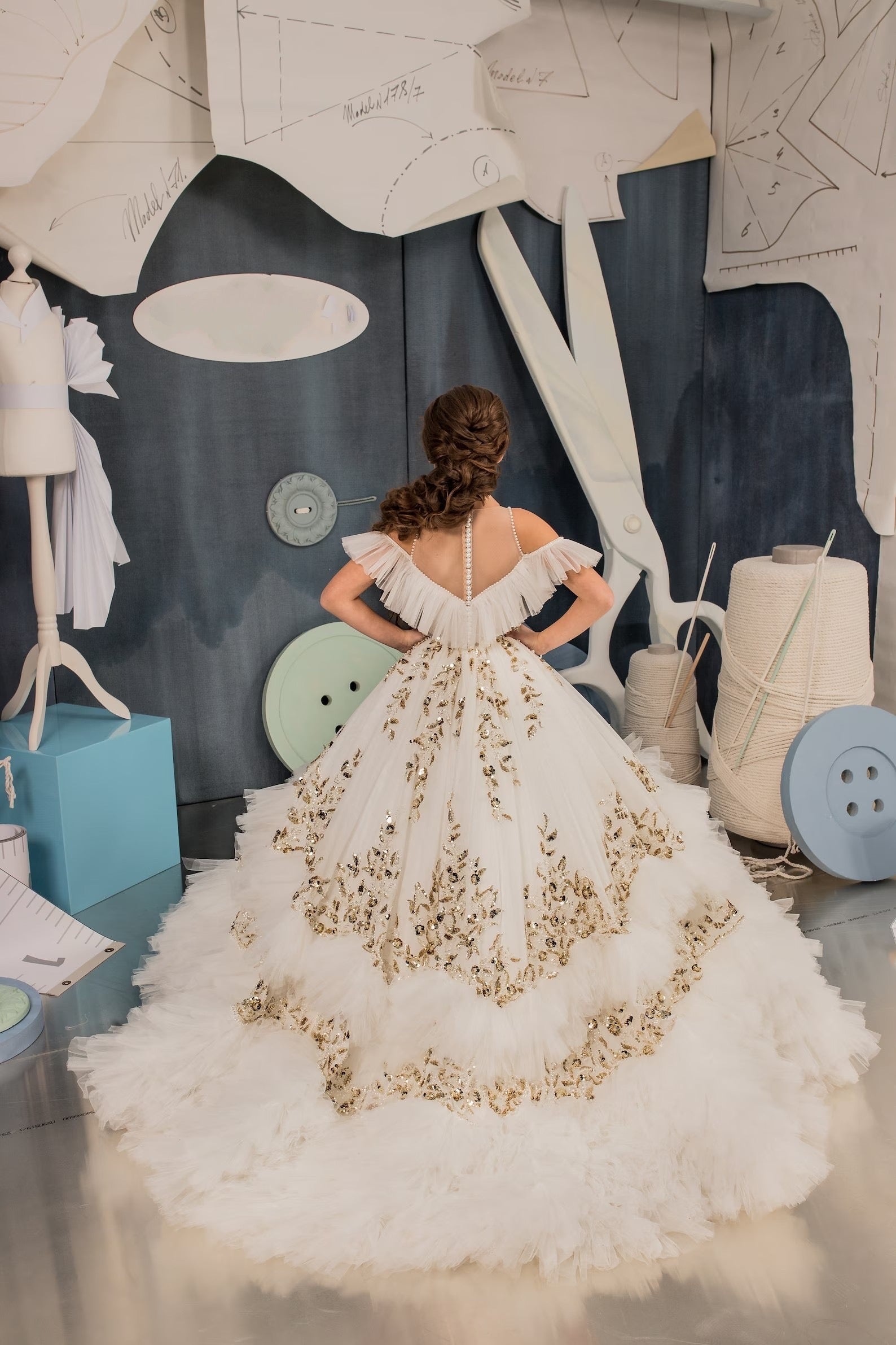 Girls Handmade Custom Couture Off The Shoulder Tulle taffeta Lace Gown