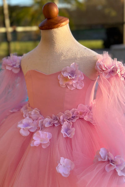 Princess Flower Girl Wedding Party Tulle 3D Floral Floor Length Dress