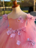 Princess Flower Girl Wedding Party Tulle 3D Floral Floor Length Dress