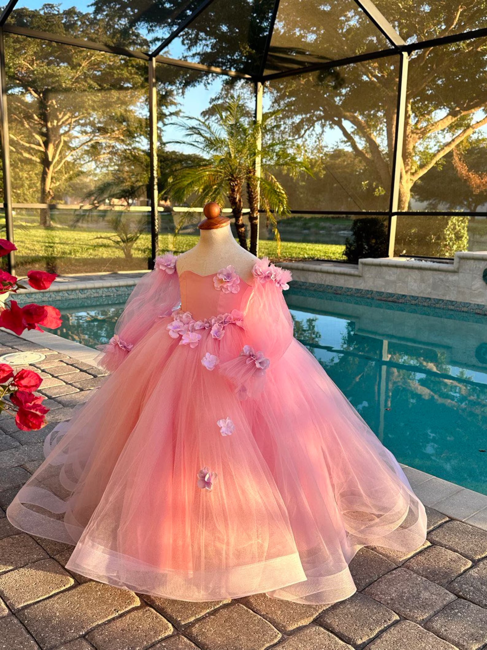 Princess Flower Girl Wedding Party Tulle 3D Floral Floor Length Dress