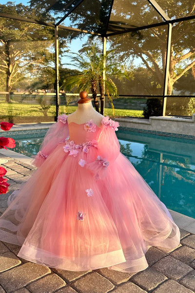 Princess Flower Girl Wedding Party Tulle 3D Floral Floor Length Dress