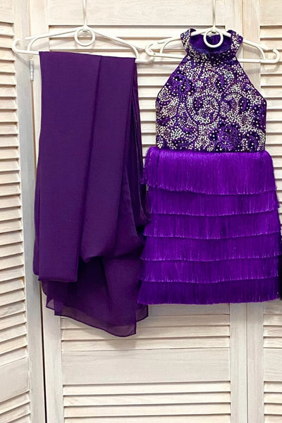 Girls Purple Pageant Dress with Fringe & Cape