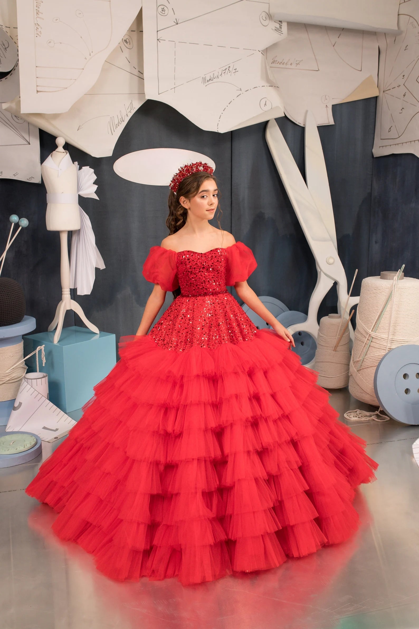 Couture Girls Red Glitter Tulle Satin Taffeta Pageant Special Occasion Ball Gown