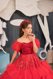 Couture Girls Red Glitter Tulle Satin Taffeta Pageant Special Occasion Ball Gown
