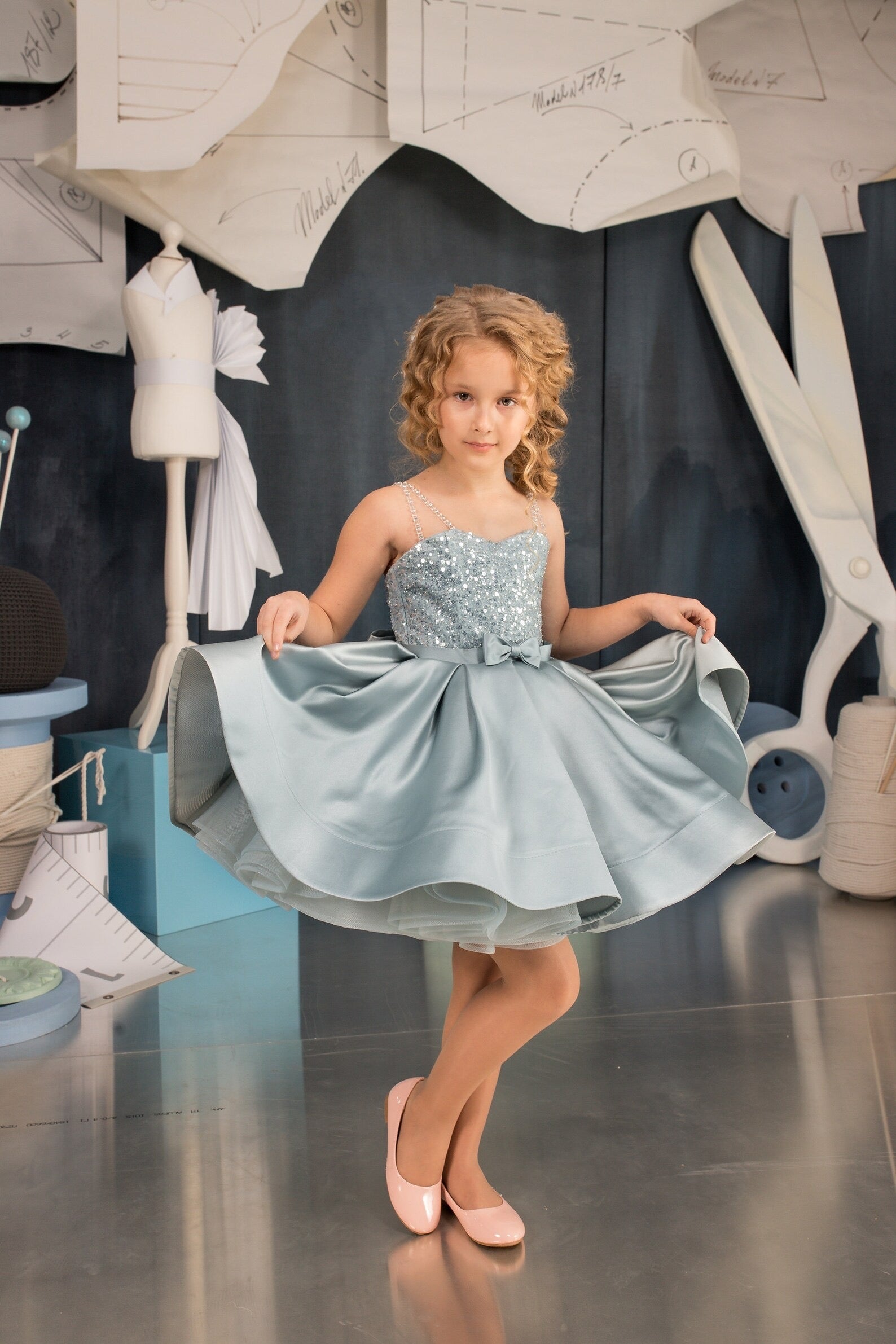 Couture Mint Green Short Satin Sequined Easter Pageant Flower Girl Dress