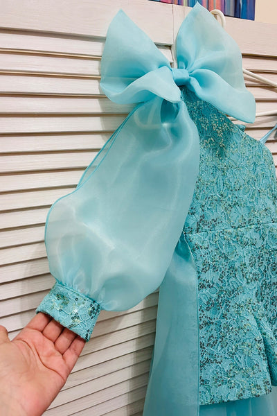 Girls Pageant Romper Organza Train One Shoulder Bow Outfit