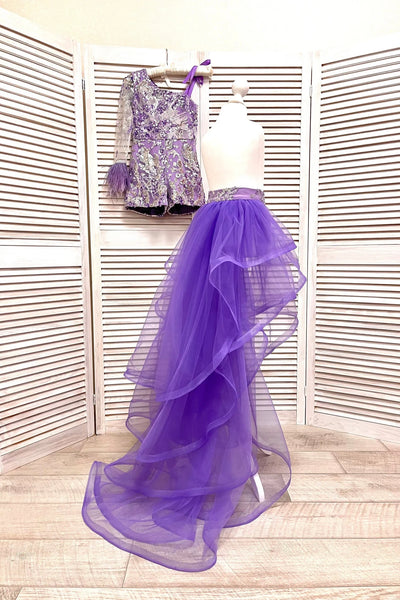 Lavender One Sleeve Girls Pageant Romper with Train