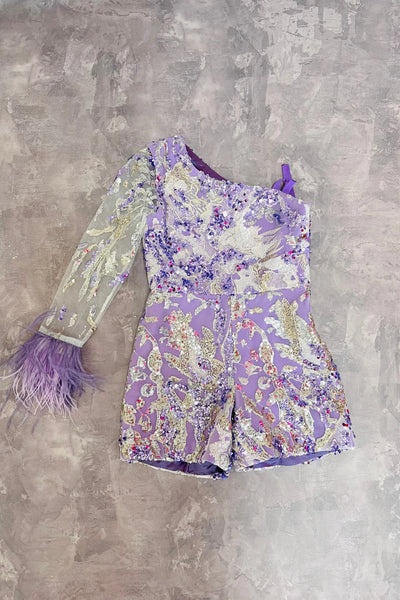 Lavender One Sleeve Girls Pageant Romper with Train