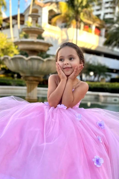 Princess Flower Girl Wedding Party Tulle 3D Floral Floor Length Dress