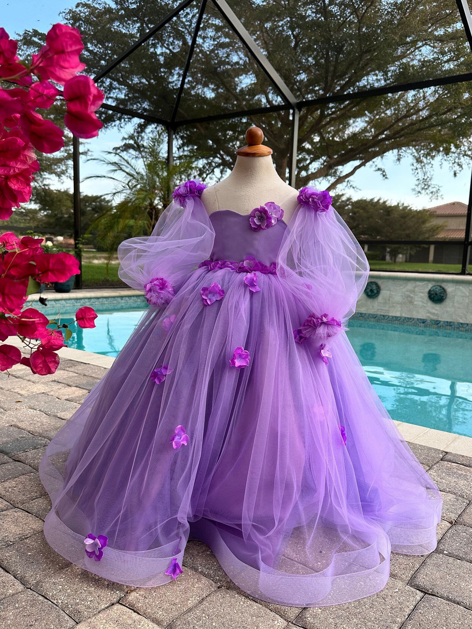 Princess Flower Girl Wedding Party Tulle 3D Floral Floor Length Dress
