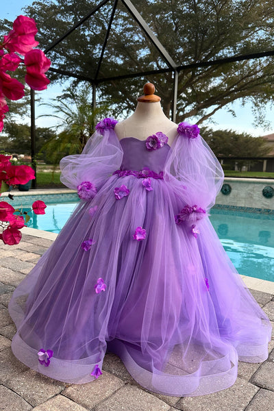 Princess Flower Girl Wedding Party Tulle 3D Floral Floor Length Dress