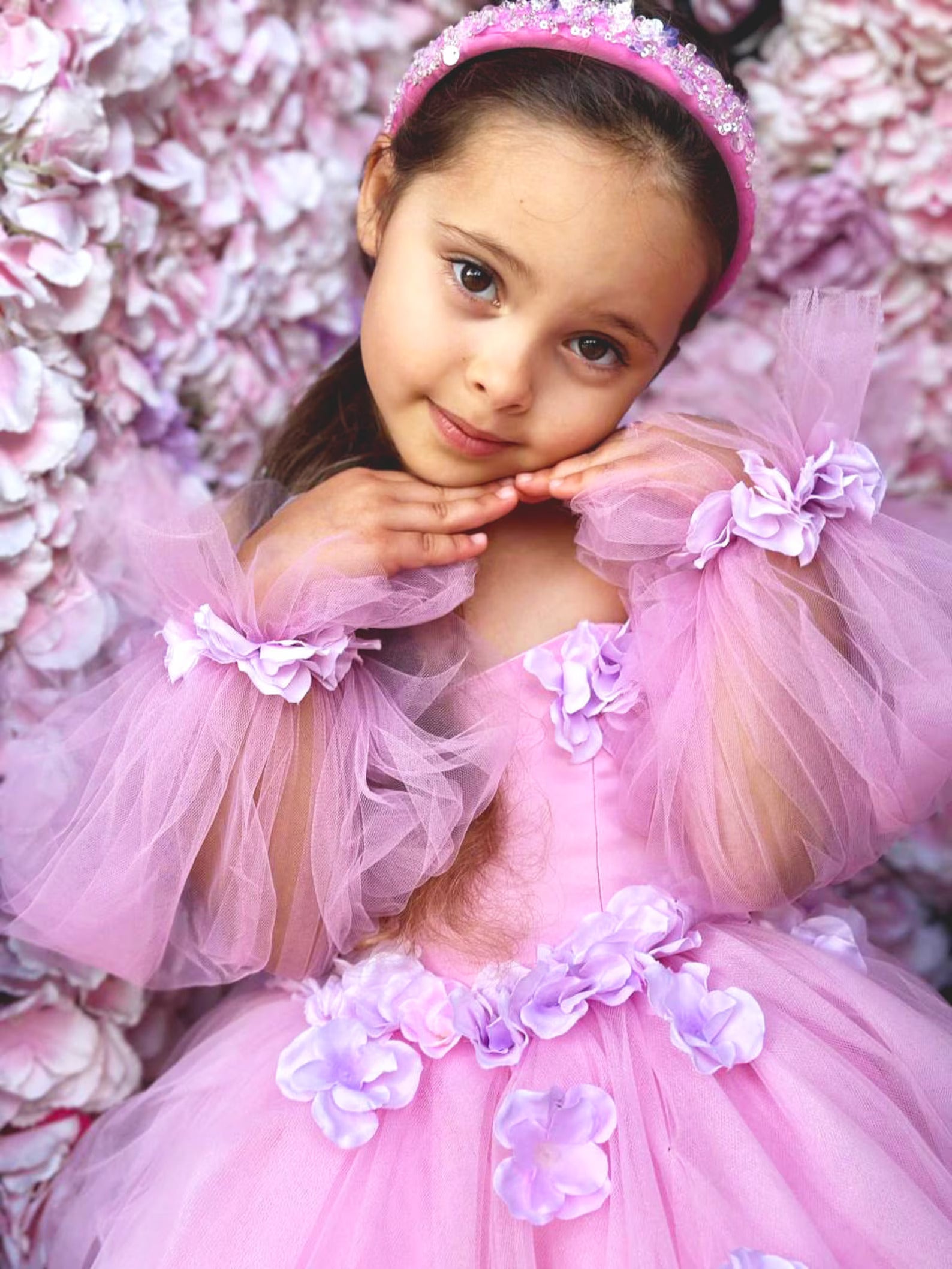 Princess Flower Girl Wedding Party Tulle 3D Floral Floor Length Dress